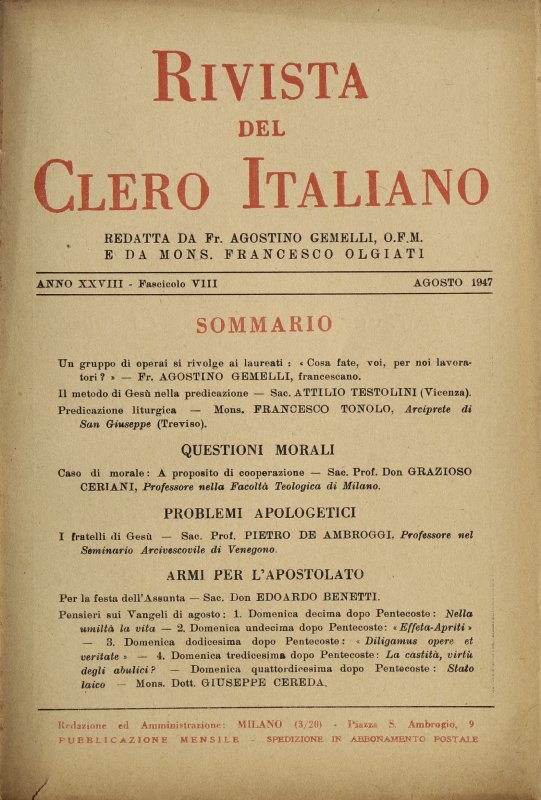 LA RIVISTA DEL CLERO ITALIANO - 1947 - 8