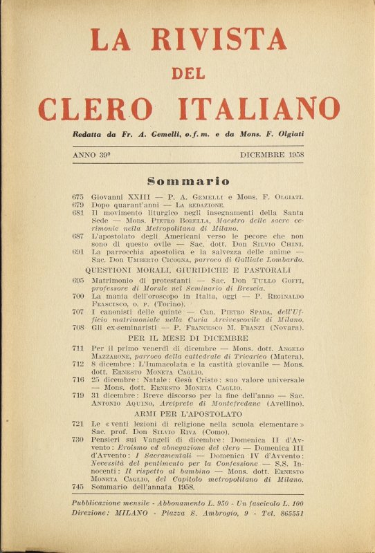 LA RIVISTA DEL CLERO ITALIANO - 1958 - 12