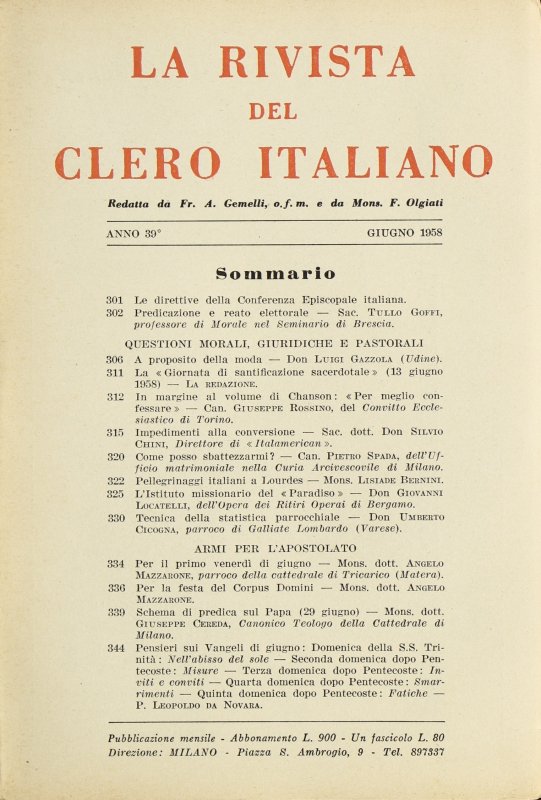 LA RIVISTA DEL CLERO ITALIANO - 1958 - 6