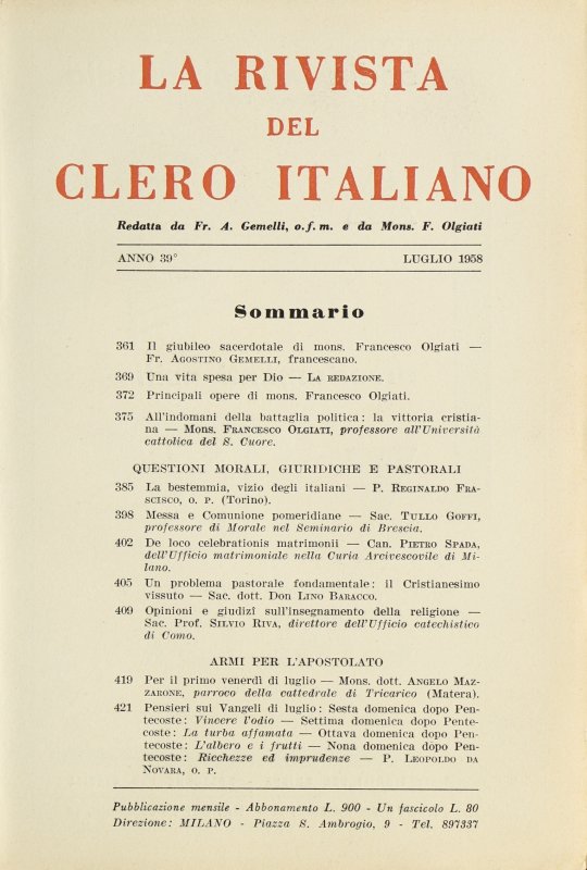 LA RIVISTA DEL CLERO ITALIANO - 1958 - 7