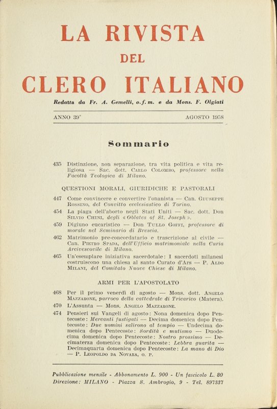 LA RIVISTA DEL CLERO ITALIANO - 1958 - 8