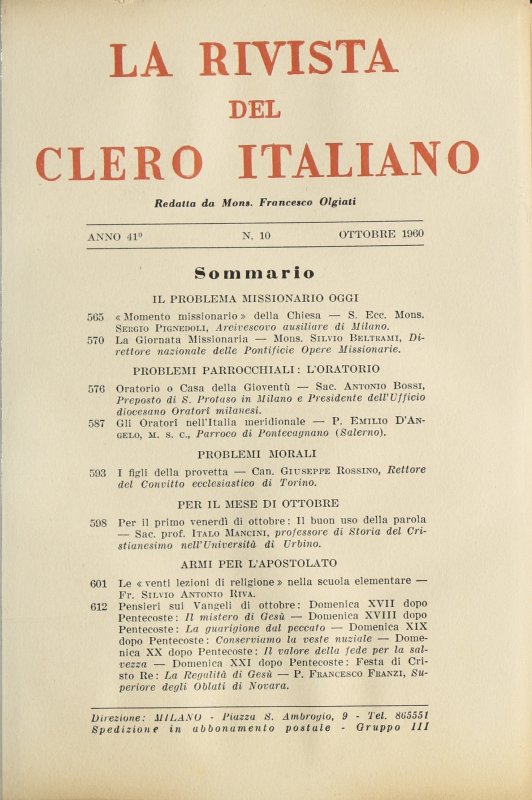 LA RIVISTA DEL CLERO ITALIANO - 1960 - 10