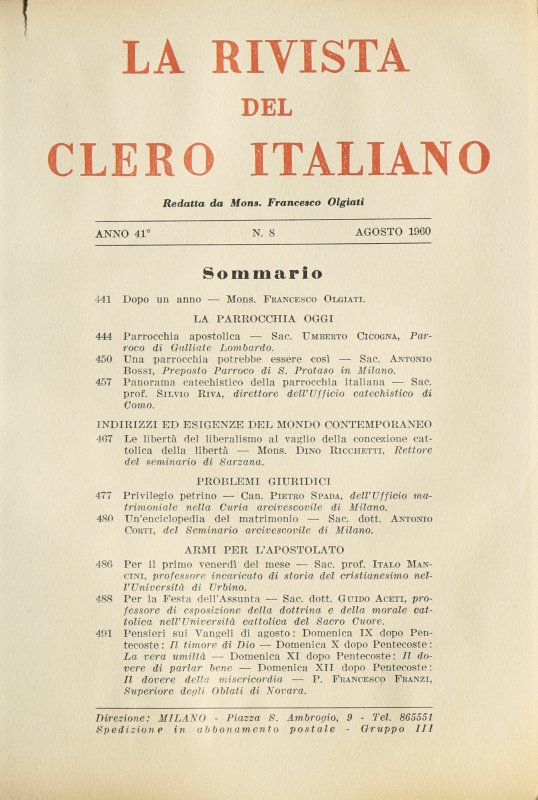 LA RIVISTA DEL CLERO ITALIANO - 1960 - 8