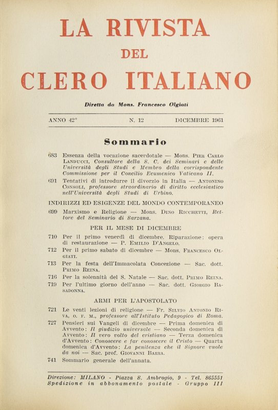 LA RIVISTA DEL CLERO ITALIANO - 1961 - 12