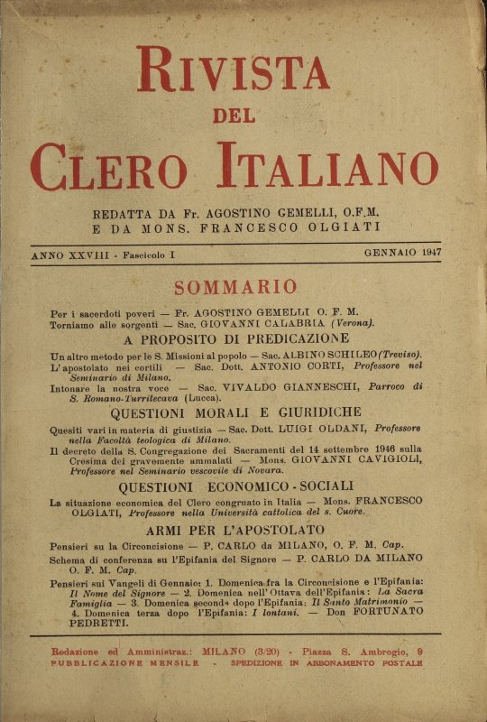 La situazione economica del Clero congruato in Italia