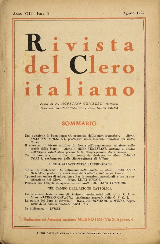 LA RIVISTA DEL CLERO ITALIANO - 1927 - 8