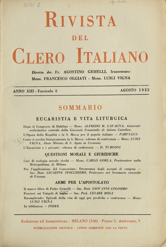 LA RIVISTA DEL CLERO ITALIANO - 1932 - 8