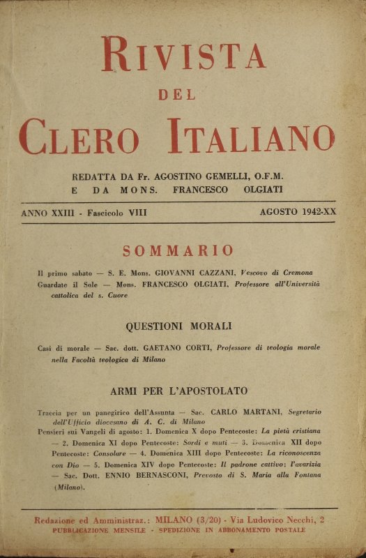 LA RIVISTA DEL CLERO ITALIANO - 1942 - 8