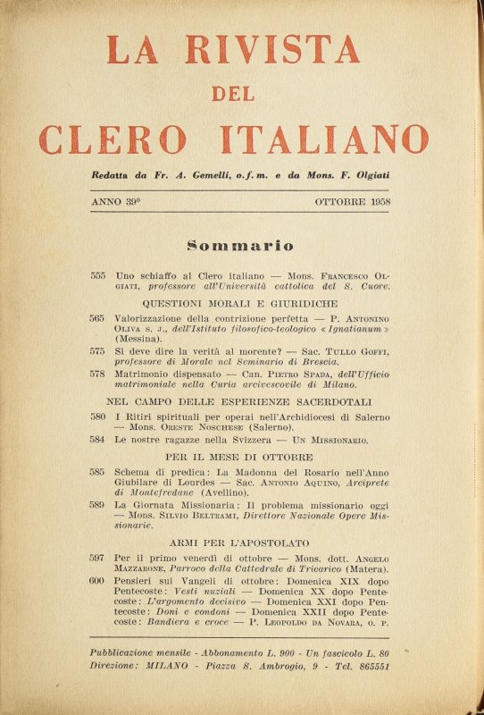 LA RIVISTA DEL CLERO ITALIANO - 1958 - 10
