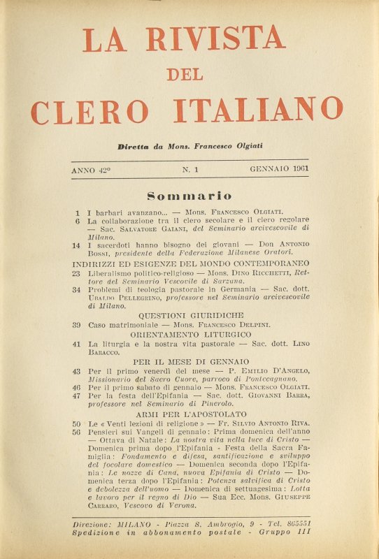 LA RIVISTA DEL CLERO ITALIANO - 1961 - 1