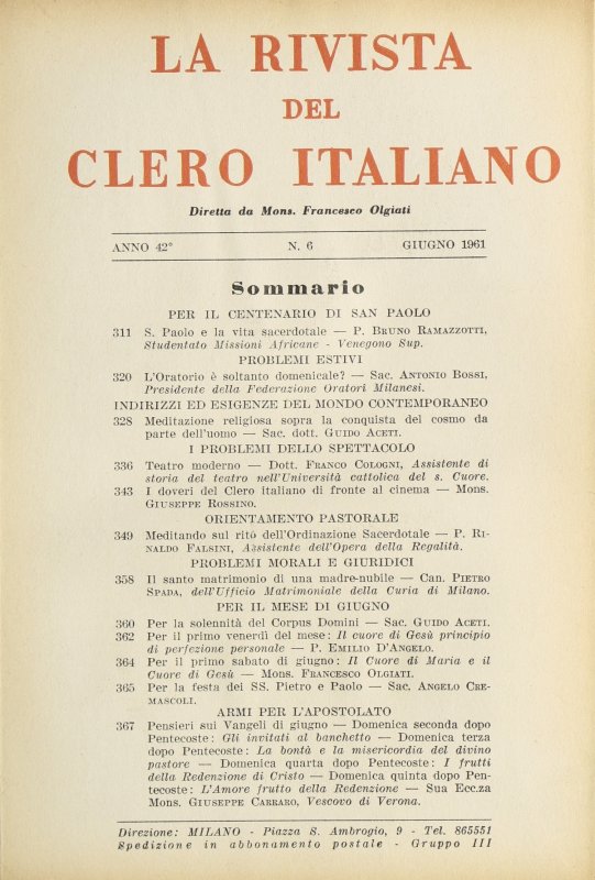 LA RIVISTA DEL CLERO ITALIANO - 1961 - 6