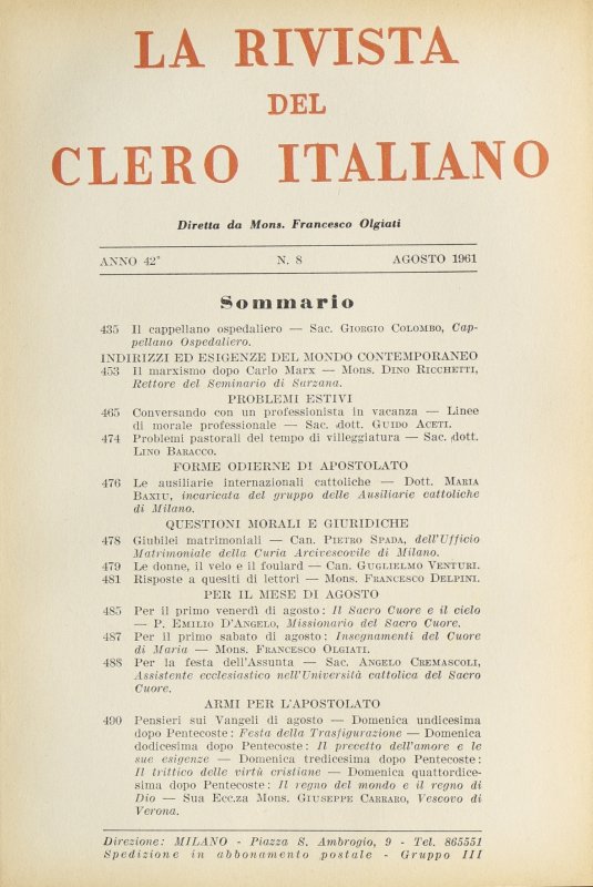 LA RIVISTA DEL CLERO ITALIANO - 1961 - 8