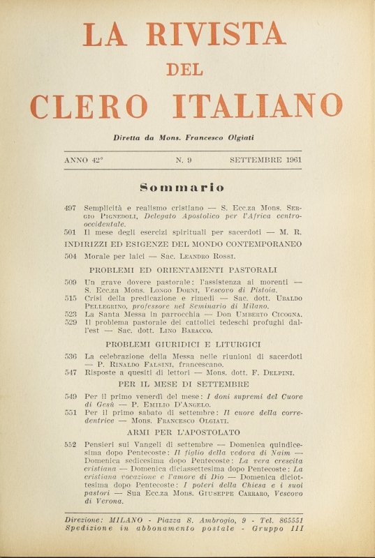 LA RIVISTA DEL CLERO ITALIANO - 1961 - 9
