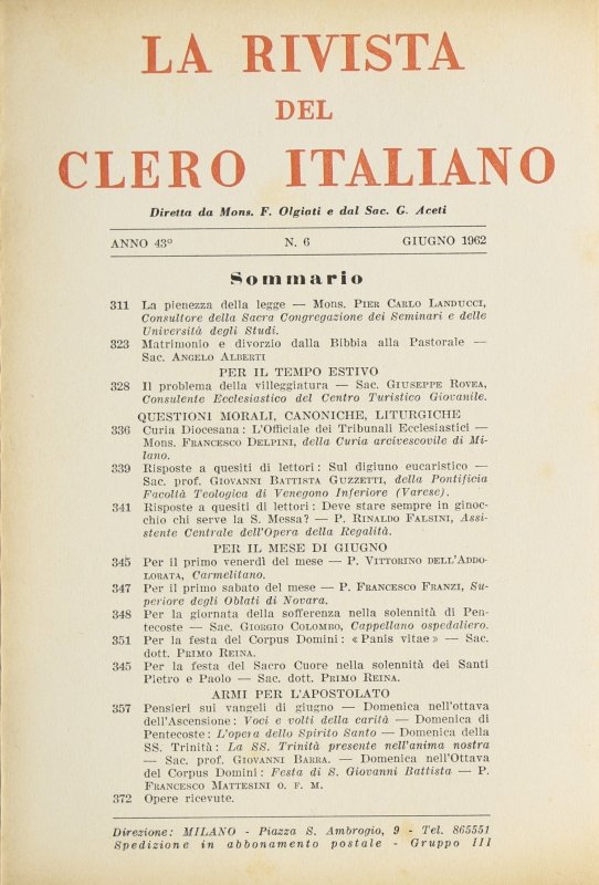 LA RIVISTA DEL CLERO ITALIANO - 1962 - 6