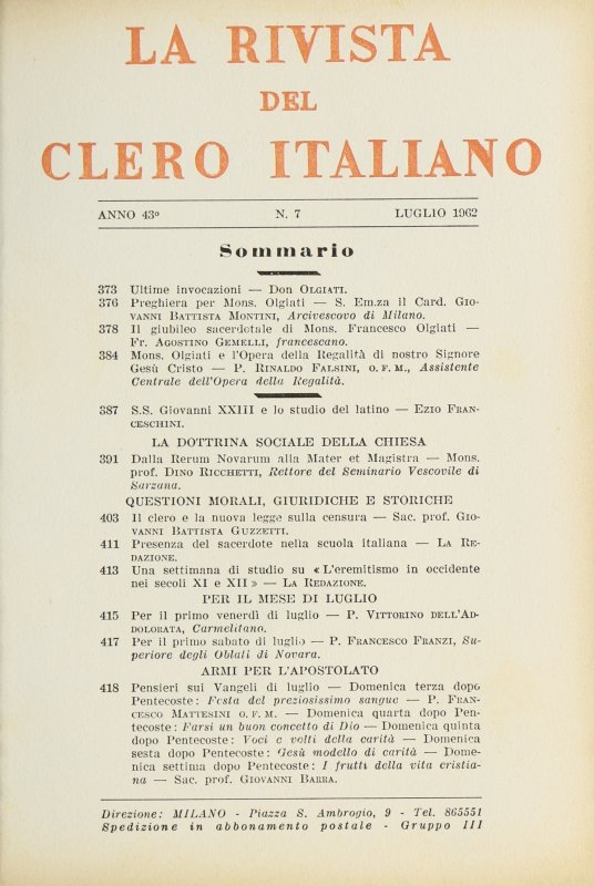 LA RIVISTA DEL CLERO ITALIANO - 1962 - 7
