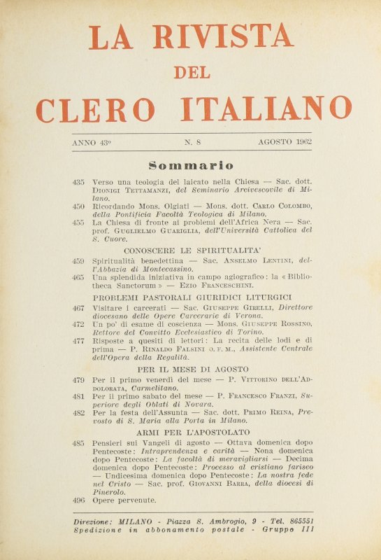 LA RIVISTA DEL CLERO ITALIANO - 1962 - 8