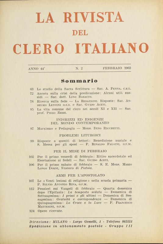 LA RIVISTA DEL CLERO ITALIANO - 1963 - 2